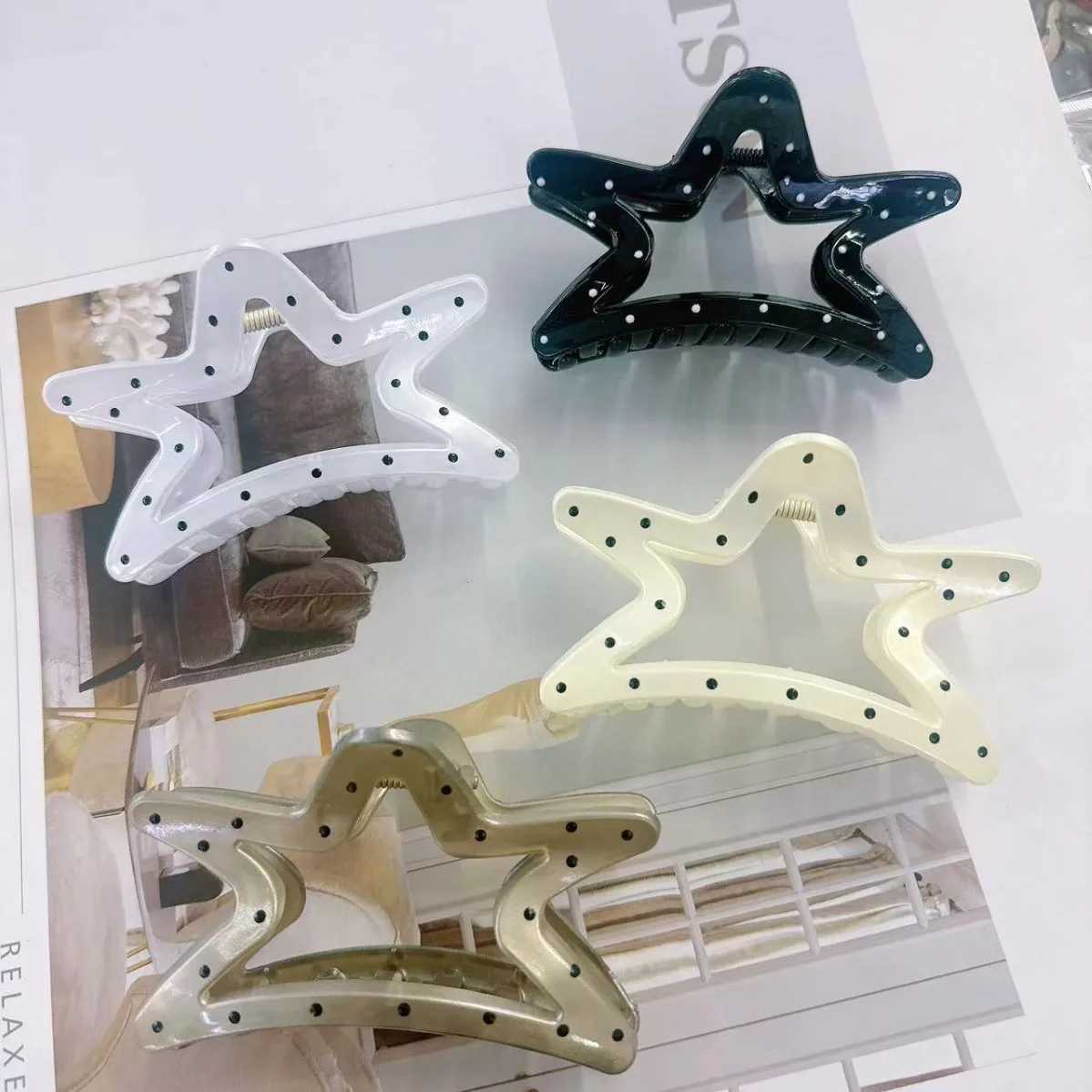 Vintage Black Point Dot Five-pointed Star Shark Hair Claw Horsetail Clip Clamp Barrettes Girl Women Acrylic Accessories Headwear Y250707