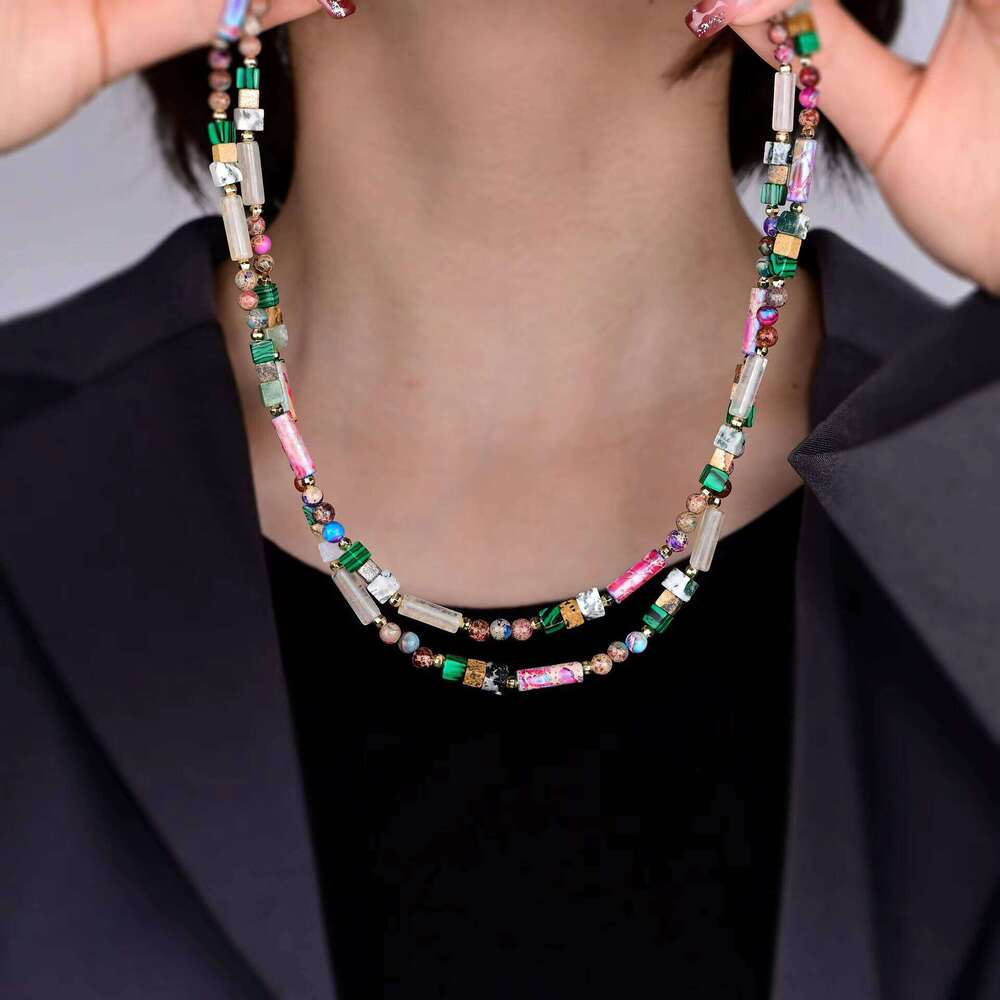 Bohemian Double-Layer Beaded Handmade Jewelry with Malachite Imperial Jasper Stone Necklace