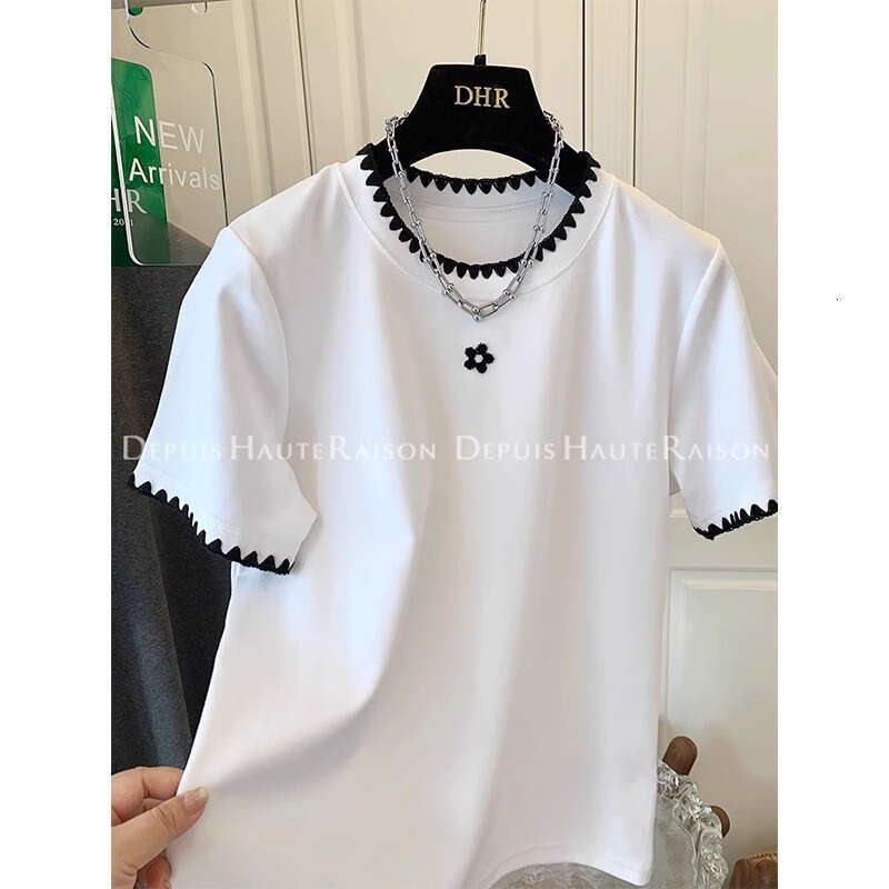 Korean Style Embroidered White Short T-Shirt For Women Summer Regular Shoulder Half Sleeve Slimming Belly Covering Top Trendy Pure Cotton B5