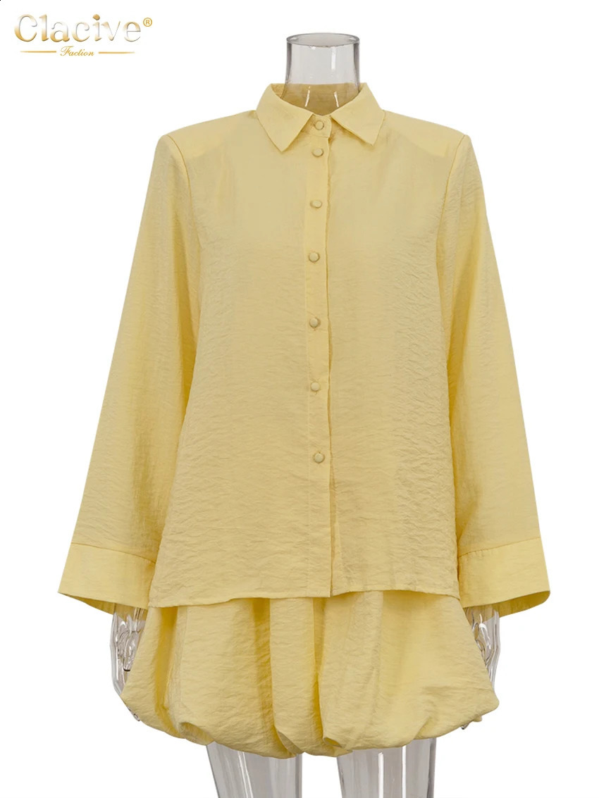 Clacive Fashion Loose Yellow Womens Two Pieces Set 2025 Elegant Long Sleeve Shirt With High Waist Pleated Mini Skirt Set Female 250703