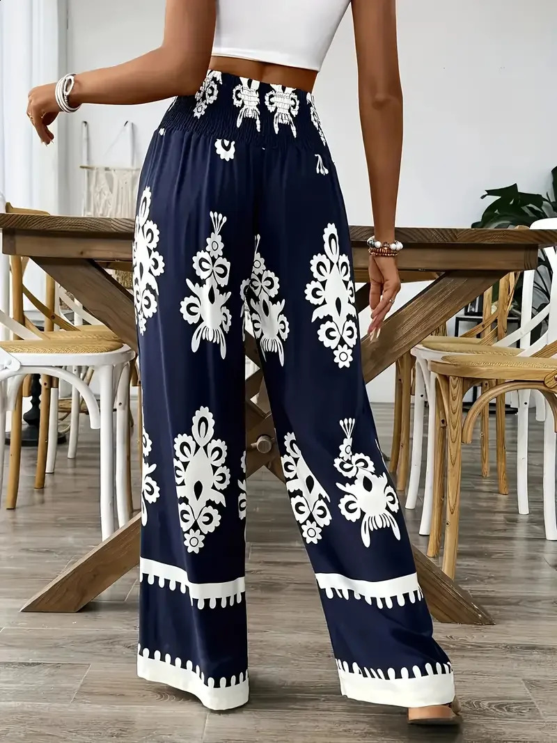 Plus Size 1XL5XL Women Fashion Floral Print Wide Leg Pants Female Casual Elegant Drawstring High Waisted Loose Long Trousers 250628