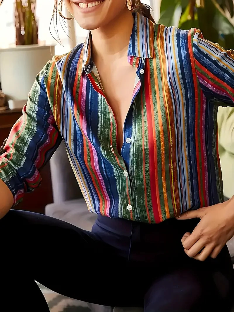 Plus Size Elegant Striped Button-Up Shirt for Women Vintage Long Sleeve Machine Washable Ideal for Vintage Striped Shirt 250703