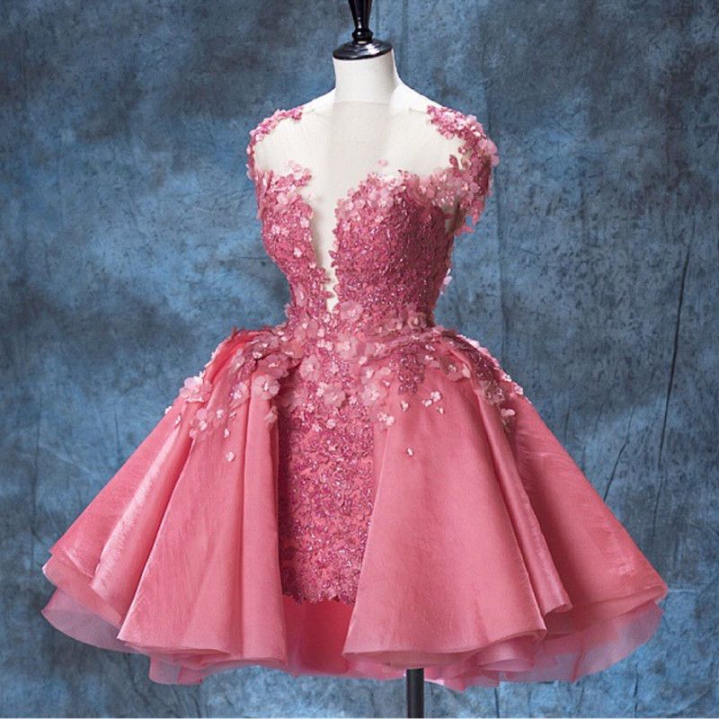 Hot Sheer Neck Mini Dress Beaded 3D Floral Short Pink Dresses for Homecoming tail Sweet 16