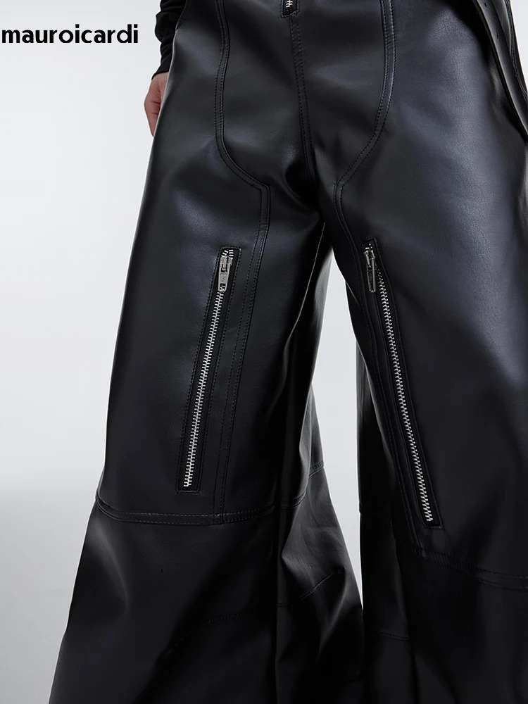 Mauroicardi Autumn Long Black Baggy Pu Leather Wide Leg Cargo Pants for Men Threedimensional Pockets Clothes 250704