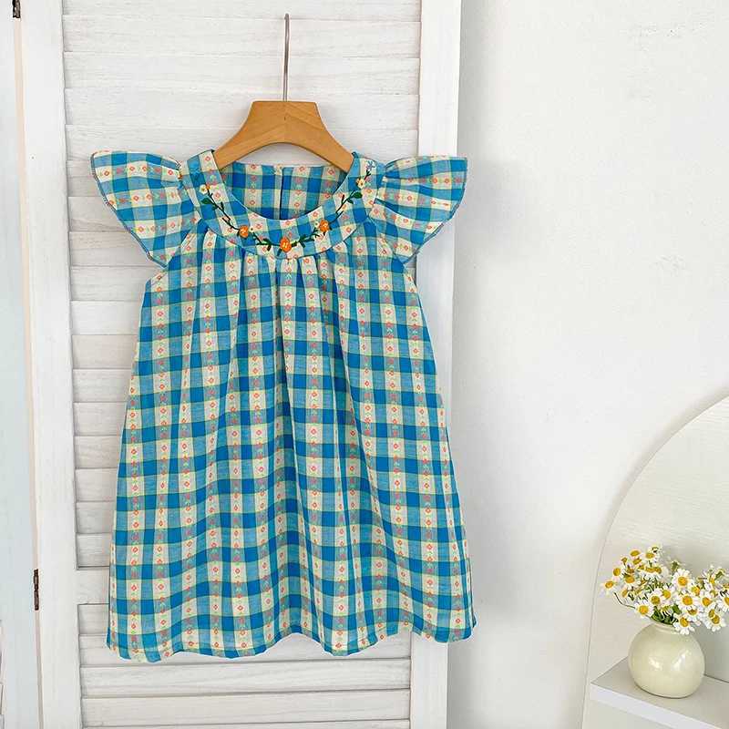 New Girls Flower Print Princess Dresses Baby Embroidery Party Dress with Wooden Ear Edge Plaid Casual Kids Clothes Fashion Summer Wear R250707