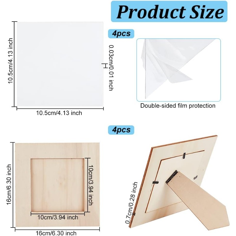 4pcs Unfinished Wooden Picture Frame Square x 6.3 Craft Set Natural Wood DIY Photo Frames for Tabletop Display H260306