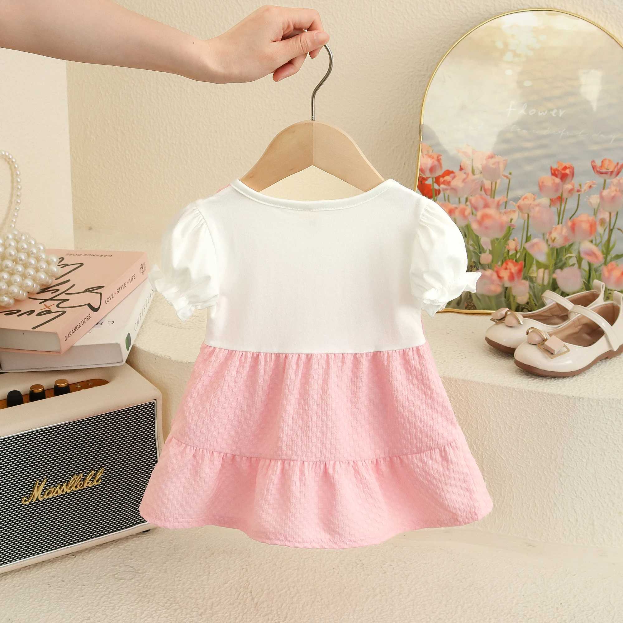 Summer Baby Girl Dresses New Short Sleeved Sweet Toddler Dress Solid Color Bow Plaid Imitation Two Pieces Baby Clothes R250707