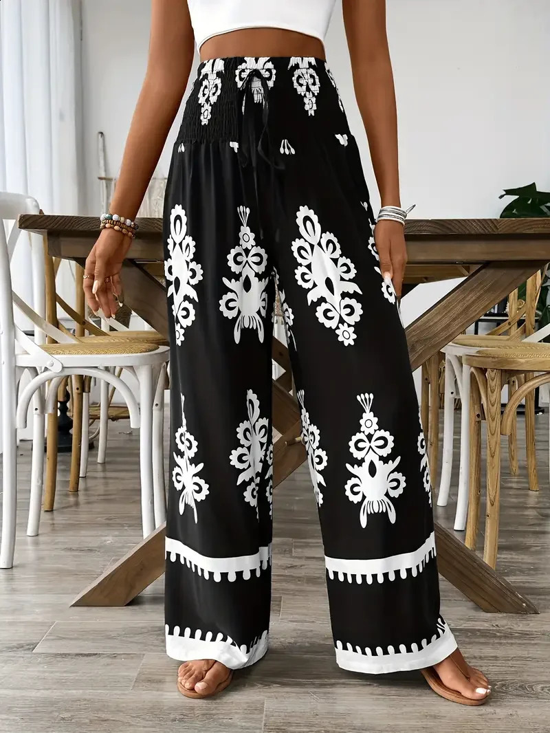 Plus Size 1XL5XL Women Fashion Floral Print Wide Leg Pants Female Casual Elegant Drawstring High Waisted Loose Long Trousers 250628
