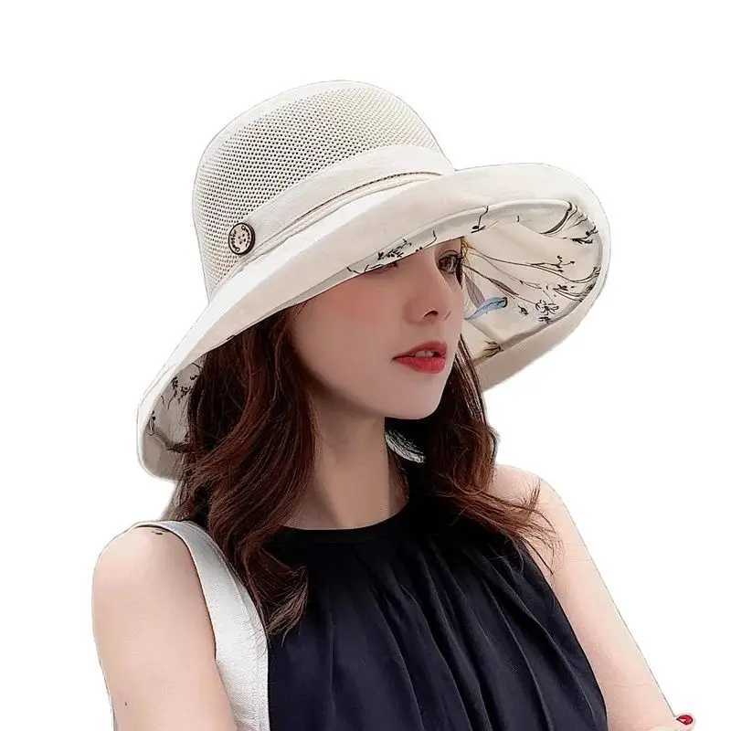 Summer Womens Double-sided Bucket Hat Korean Version Mesh Pattern Button Bucket Hat Outdoor Sunscreen Hat Y250707