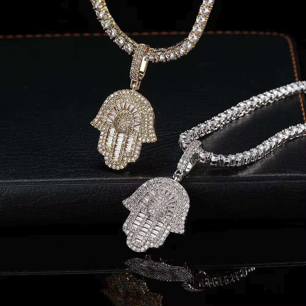 High Quality Hip Hop Jewelry CZ Iced Out Dia Hand of Fatima Hamsa Pendant Necklace