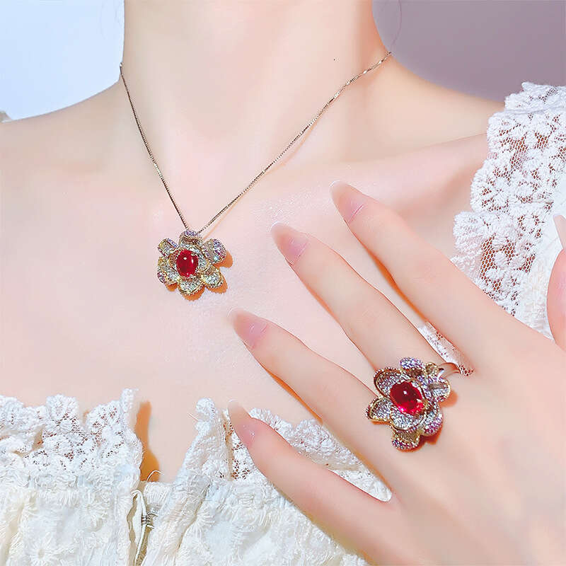 Jewelry New Set Necklace Ring Pigeon Blood Red High-End Sense Temperament Rose Flower Women's Eca