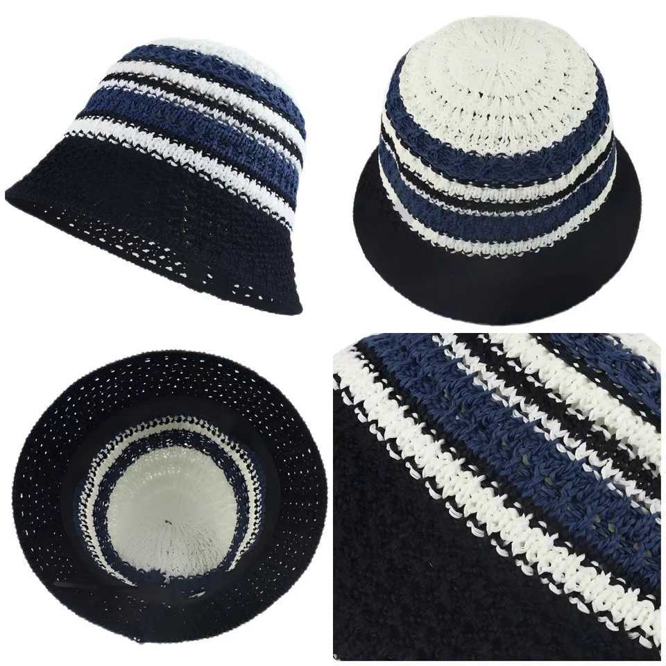 Spring Summer Straw Sun Hat for Women Hollow Colorful Striped Bucket Hat Outdoor Fisherman Hat Beach Travel Panama Caps Mom Gift Y250707