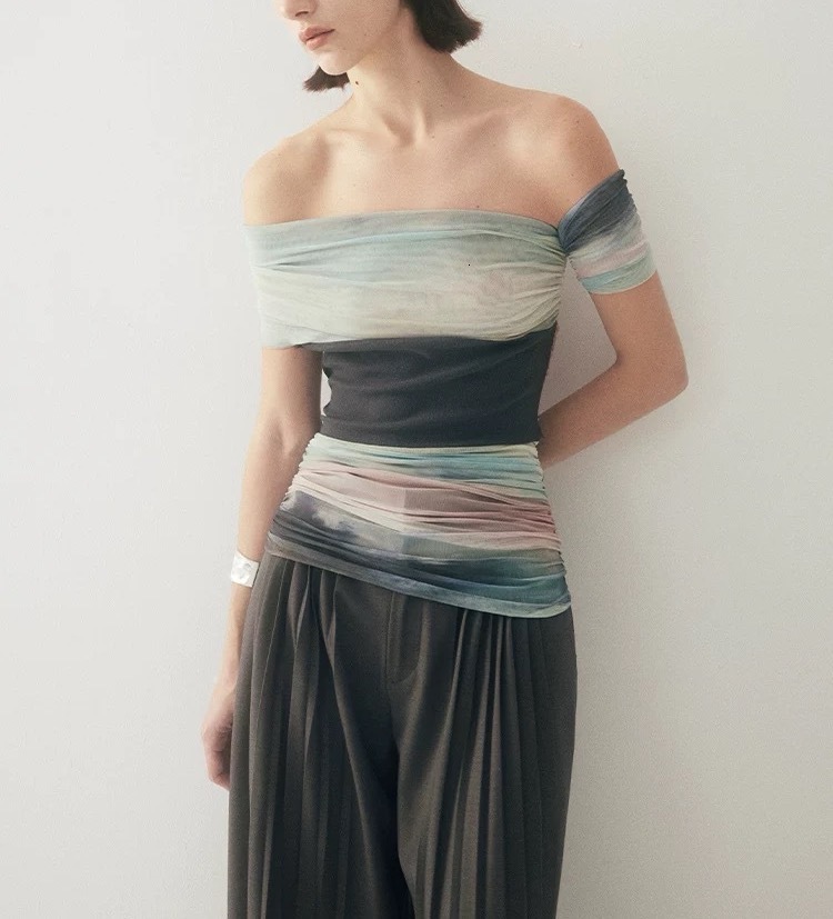 2025 Summer new women's T-shirt gradient mesh off shoulder T-shirt women's new pleated gradient color women's T-shirt new designer T-sh