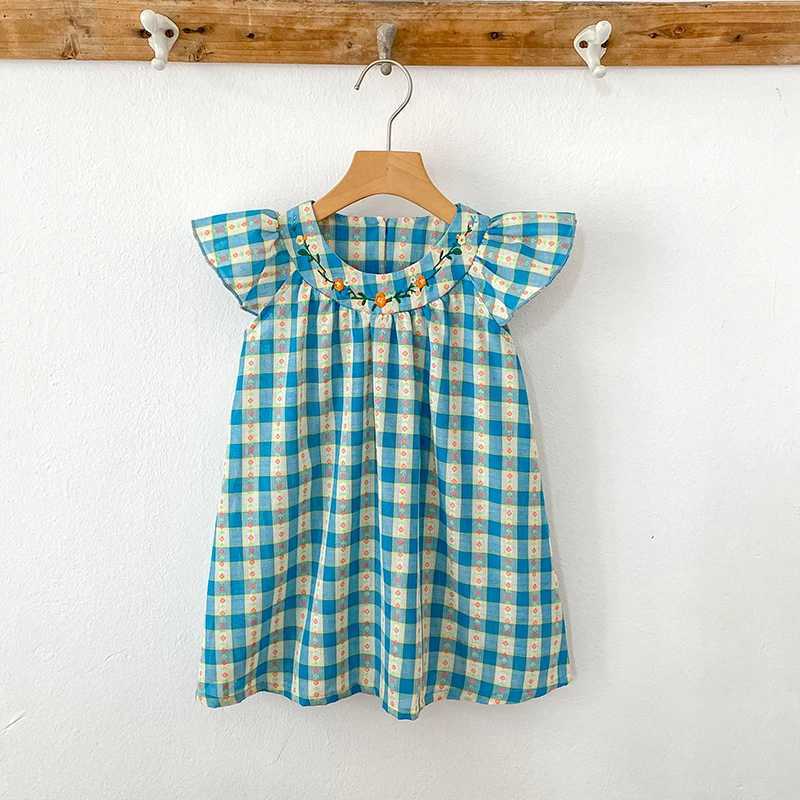 New Girls Flower Print Princess Dresses Baby Embroidery Party Dress with Wooden Ear Edge Plaid Casual Kids Clothes Fashion Summer Wear R250707