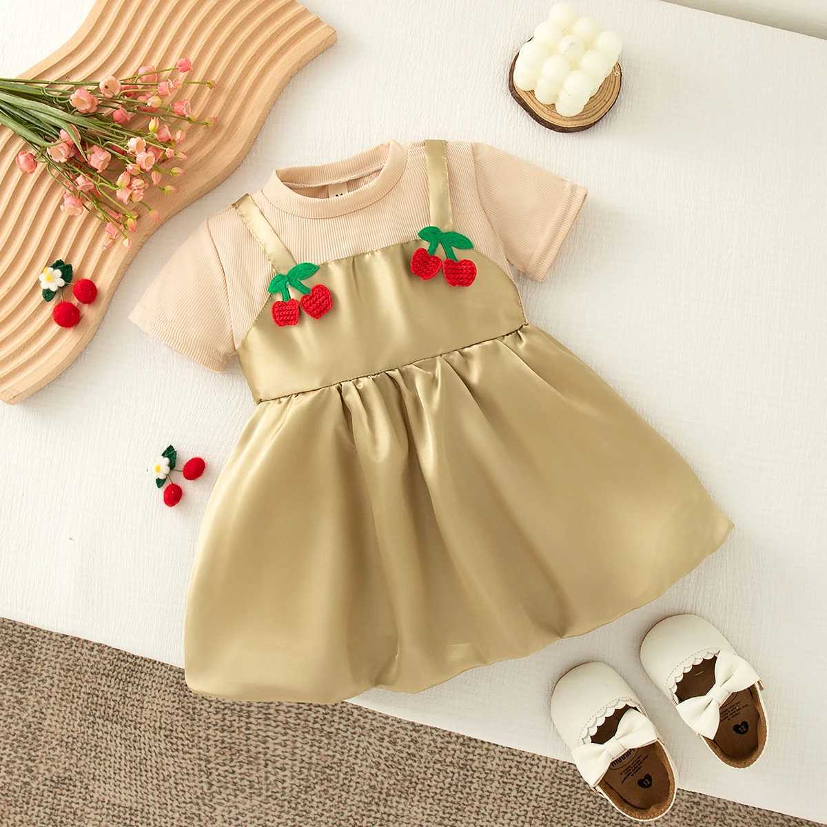 Summer Casual Dresses for Girls Cute Cherry Decoration Knit Short Sleeve Color Block Dress Baby Girl Pink Dress R250707