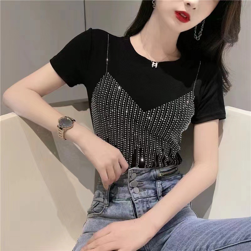 2025 Summer New Women's T-shirt Embroidered Diamond Anti Strap Short Sleeve Women's T-shirt Summer New Large Round Neck New Designer T-shirt