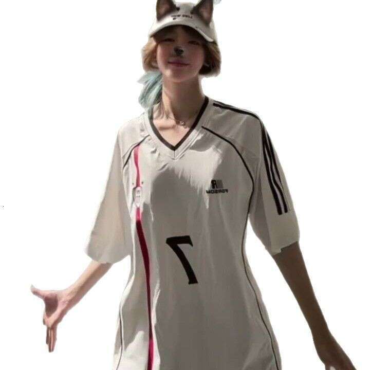 Pure Cotton American Style Sports V-Neck Short Sleeve T-Shirt Women Summer New Loose Oversize Patchwork Color Block Top For Couples B5