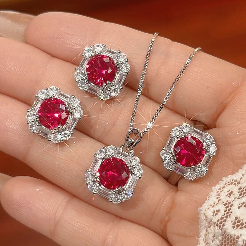 Gold-Plated Copper Jewelry Set Earrings Necklace Ring Red Niche Simple Fashion Women's Style Dfe