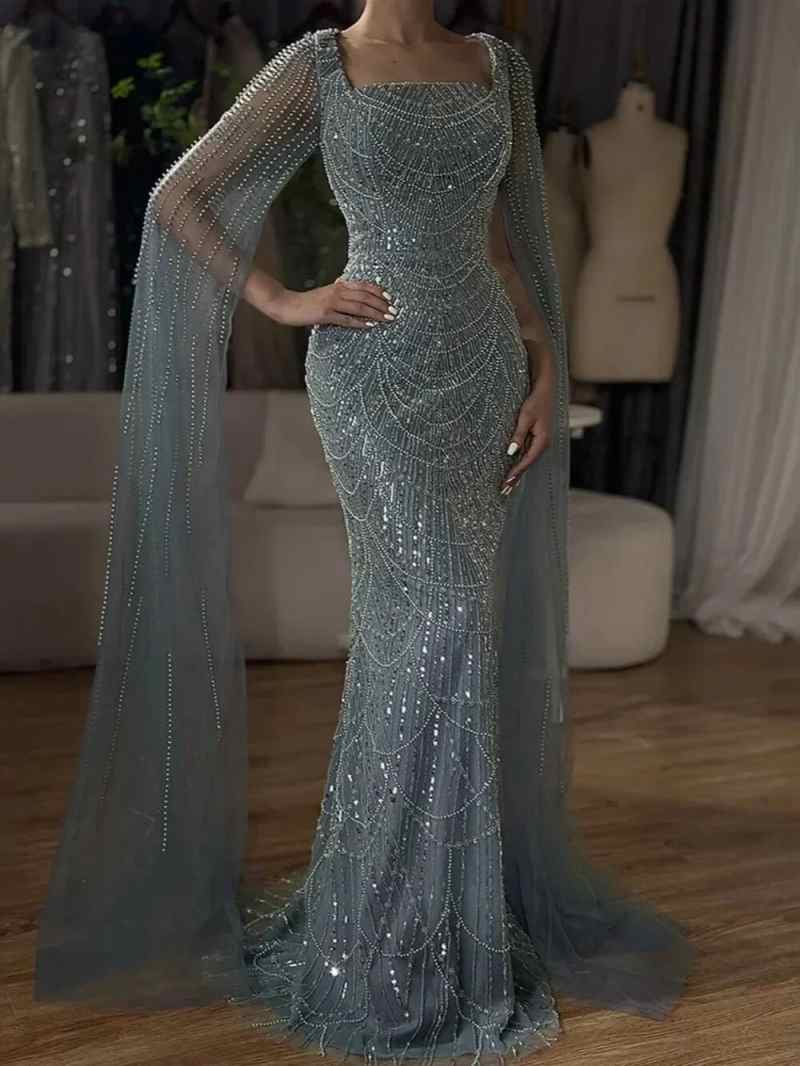 Customized Sage Green Mermaid Prom Evening Dress Square Neck Beaded Cape Sleeves Women Occasion Gown Plus Size For Special Occasion vestido de novia