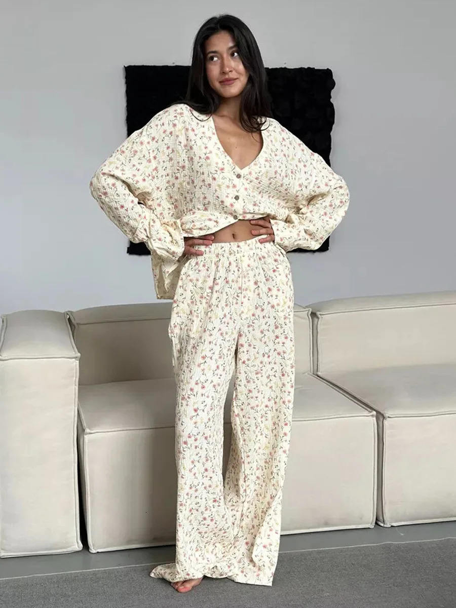 Muzuleva 100% Cotton Printed Cardigan Pajama Set Womens Autumn Long Sleeved Pants Pajamas Loose Home Clothing 2-piece Set 250708