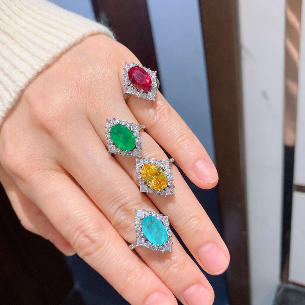 Huayoumei Jewelry Imitation Paraiba Tourmaline Emerald For Women, Unique Red Corundum Ring 256