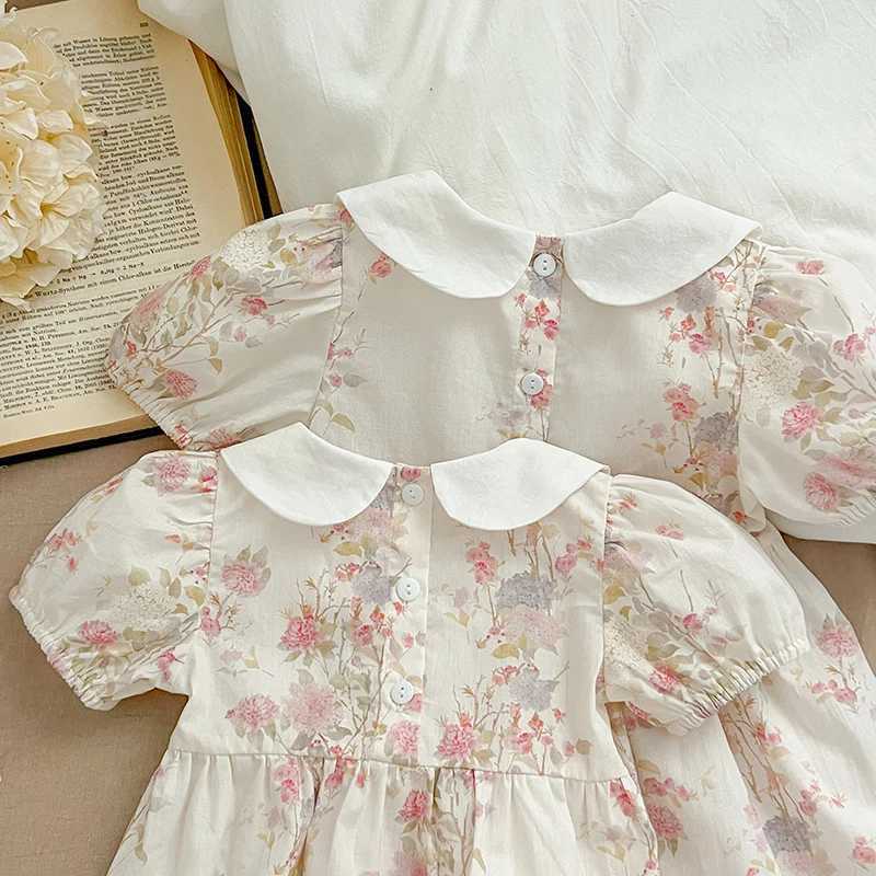 New Summer Sister Matching Outfits Pink Princess Dress Sister Baby Girls Clothes Puff Sleeve Floral Romper Cotton Dress One-Pieces R250707
