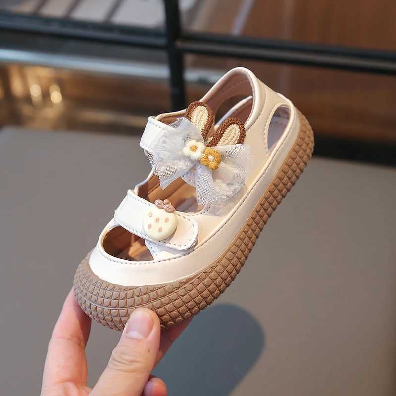 2025 High Quality Childrens Rabbit Ear Tulle Embroidered Outdoor Summer Double Strap Flat Cute Kids Sandals R250707