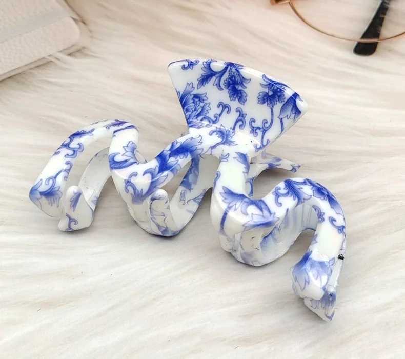 New Vintage Blue And White Porcelain Big Hair Claw Clip Headdress Hairpin Female Crab Hair Ponytail Clip Chinese Style Hair Accessory Y250707
