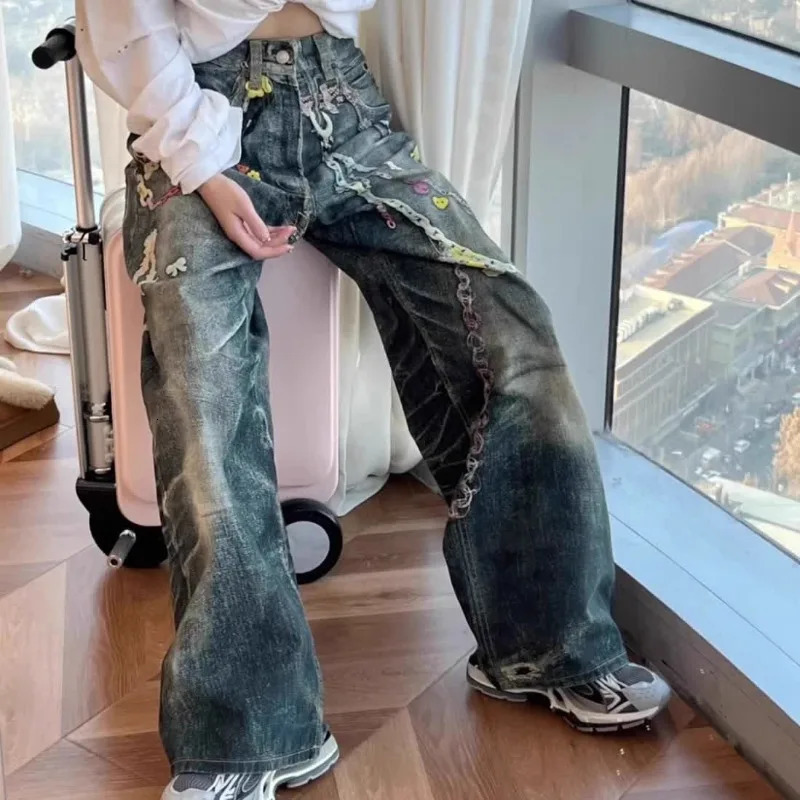 Casual American Hip-hop Washing Jeans Candy Chain 3D Printed Super Large Straight Wide-leg Pants Men Fashion Clothing Women 250707
