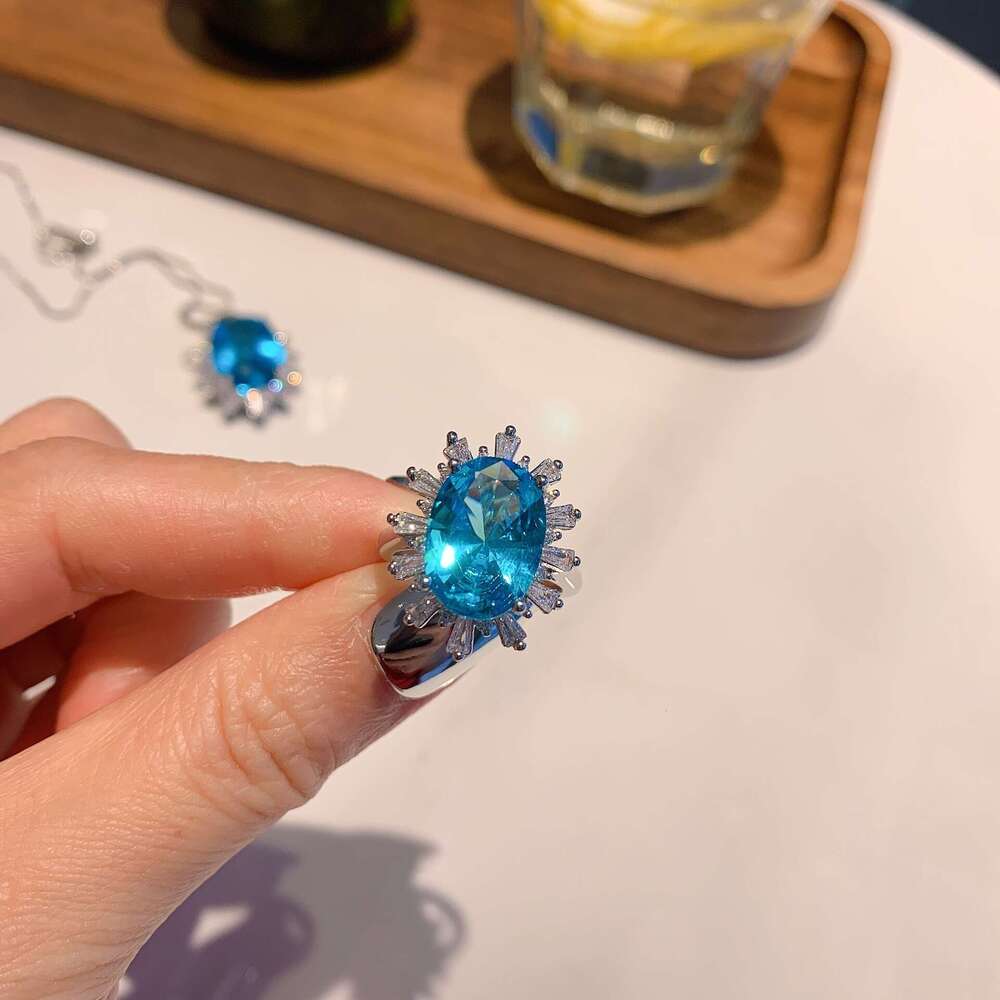 New Style Simulated Princess Square Aquamarine Topaz Full Dia Color Gemstone Open Ring Luxurious Pendant Necklace Eac