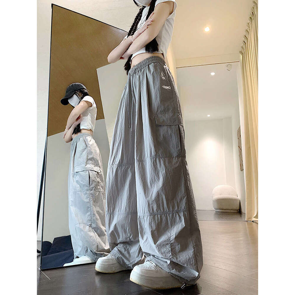 Plus Size American Style Cargo Wide-Leg For Women, Summer Thin Loose Slimming Drawstring Quick-Dry Casual Sports Straight Pants Trendy B5