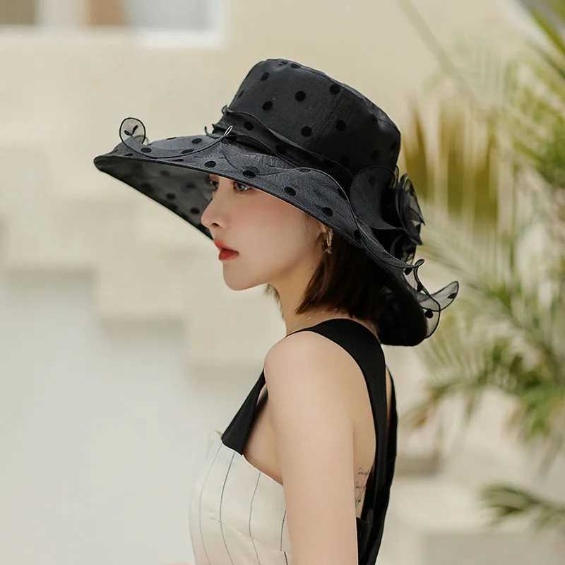 Elegant temperament Hat For Women Dot Chiffon Bucket Hat Organza breathable Beach Hat summer wide brim sunshade fisherman hat Y250707
