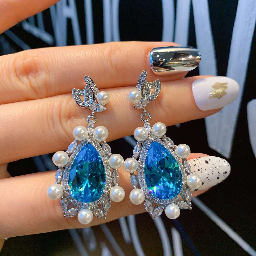 Three-Piece Set Tiktok Live Zircon Earrings Micro-Paved Pearl Aquamarine Necklace Gemstone Ring E03