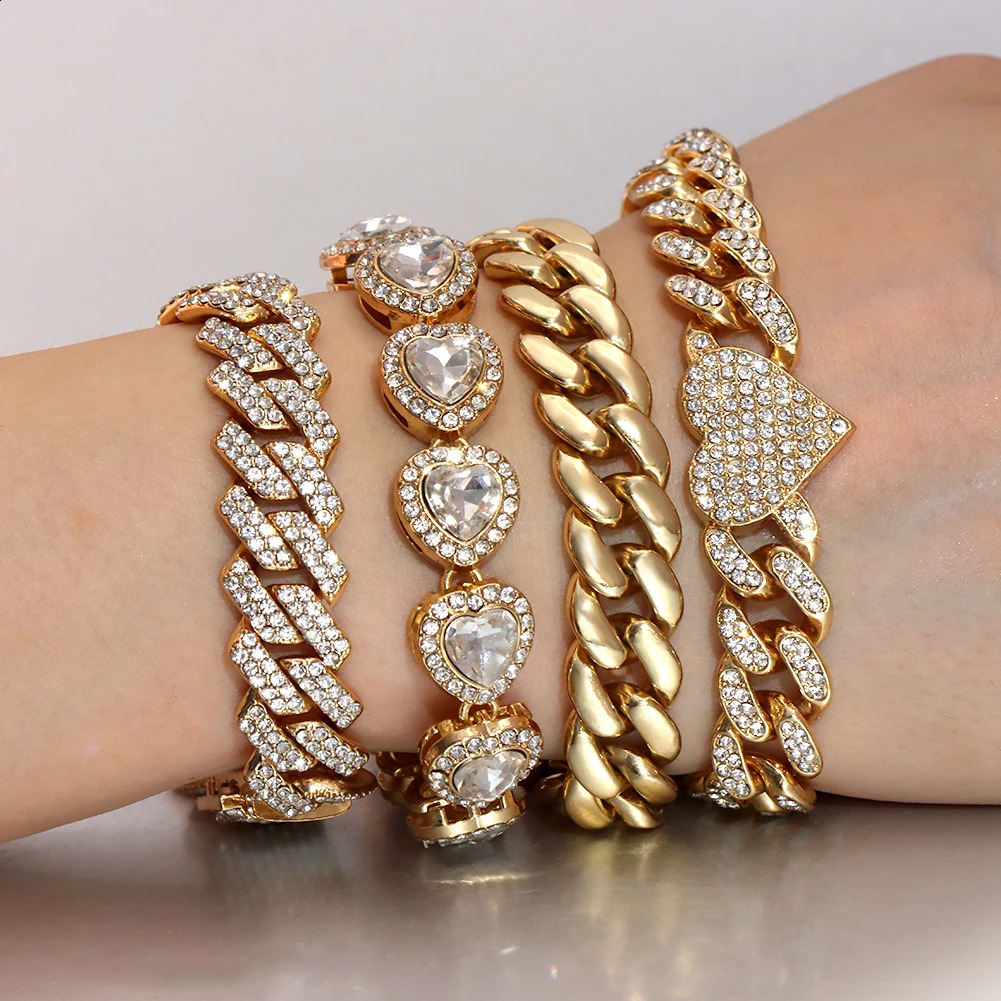 Iced Out Crystal Heart Tennis Chain Miami Cuban Link Bracelet for Women Men Hiphop Chunky Chains Bracelets Jewelry 250707