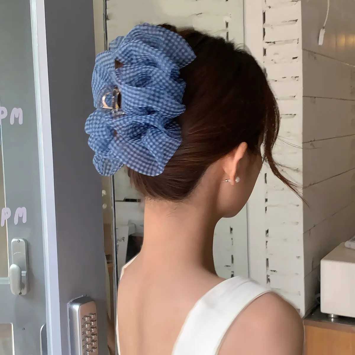 Blue Mesh Shark Clip Blue Plaid Simple Casual Hair Clip Fashion Sweet Hair Clip Hair Accessories Z250707