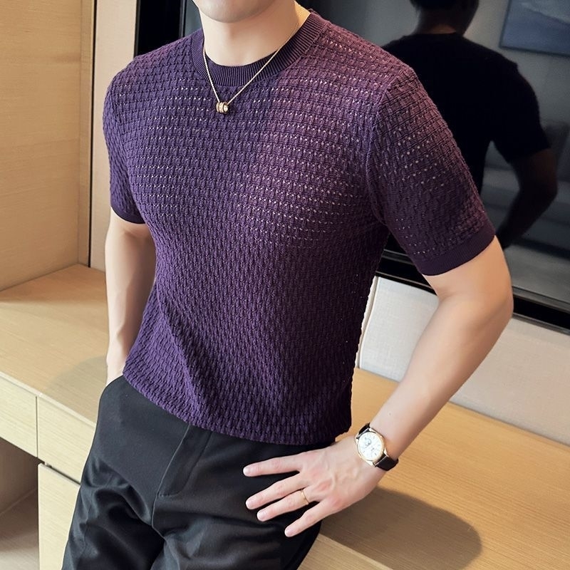 Korean Breathable Hollow Knitted Round Neck Short-sleeved T-shirt for Mens Summer Thin Casual Slim Fit Trendy T-shirt 250617