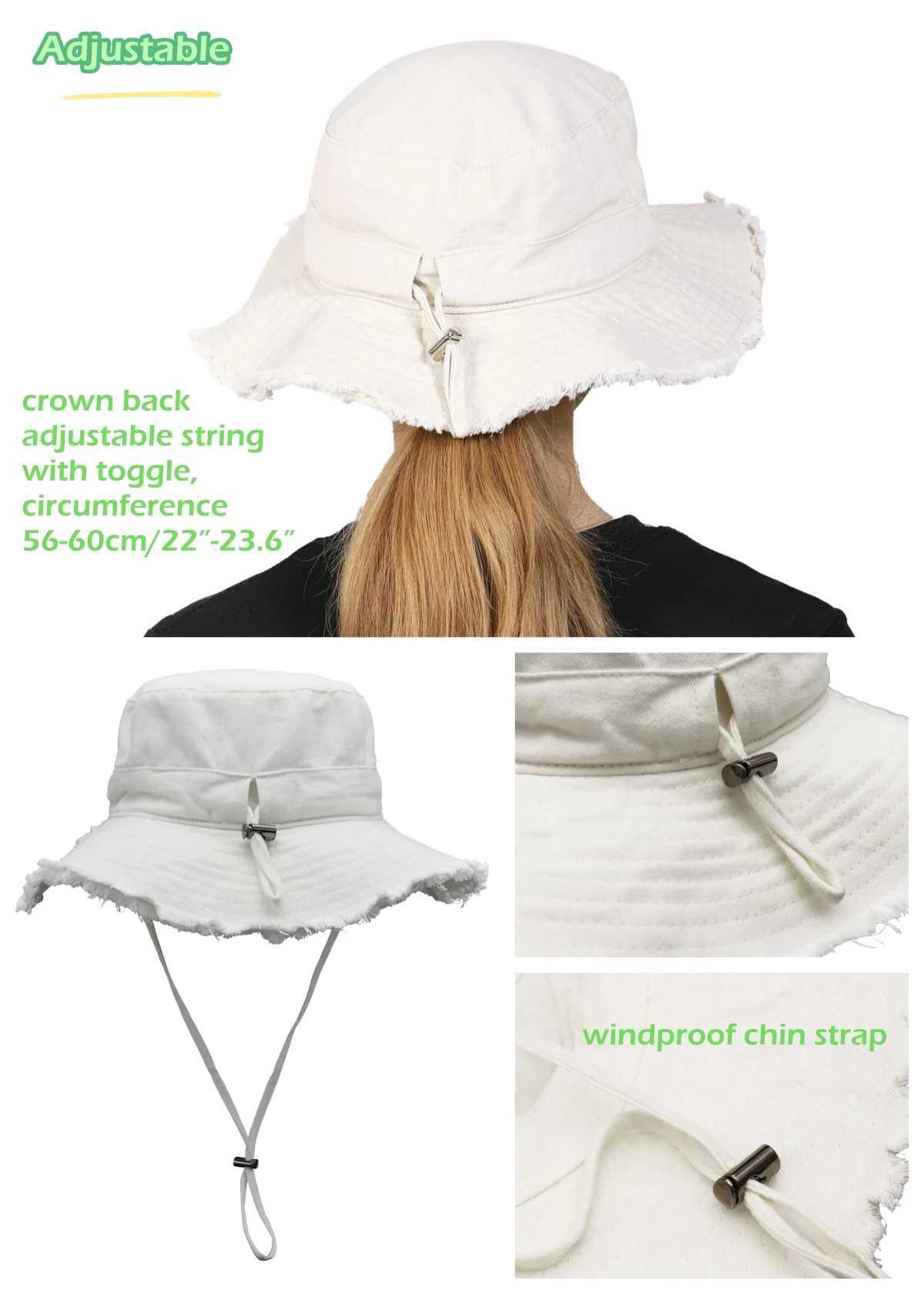 Connectyle Womens UPF50+ Cotton Wide Brim Sun Hat with Strap Ladies Summer Floppy Hats Packable Women Washed Fringes Bucket Hat Y250707
