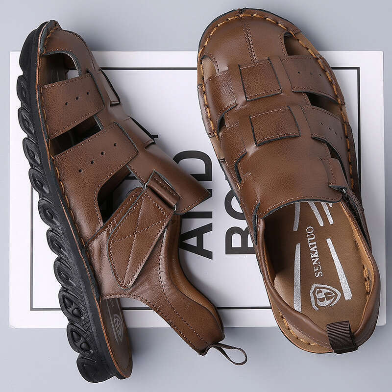 2024 Summer Leather Sandals Soft Sole Non-Slip Youth Men's Beach Shoes Outdoor Driving