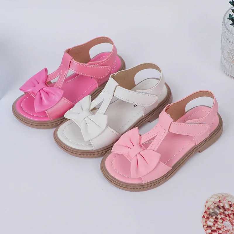 2024 Girls Sandals Bowtie T-strap Style Soft Summer New Simple Child Sandals Princess Non-slip Open-toe Kids Shoes Hook Loop R250707