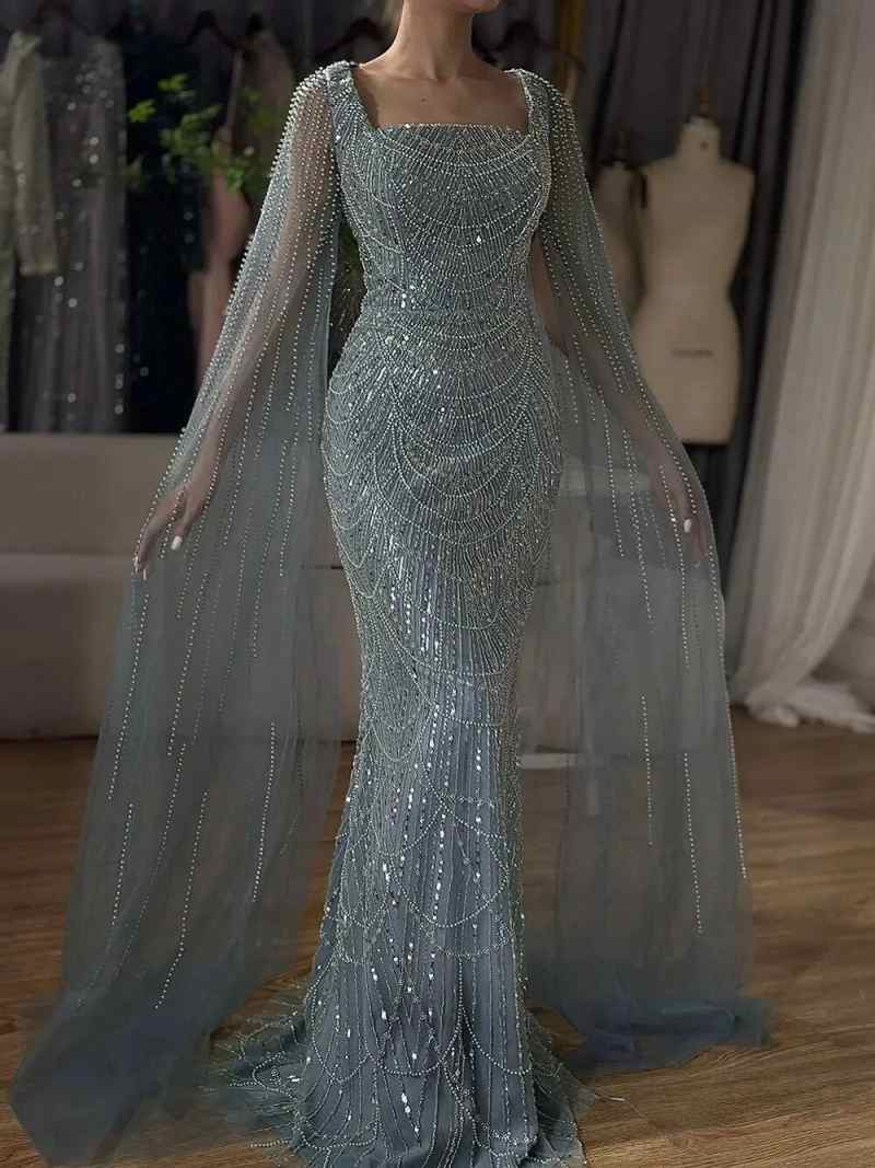 Customized Sage Green Mermaid Prom Evening Dress Square Neck Beaded Cape Sleeves Women Occasion Gown Plus Size For Special Occasion vestido de novia