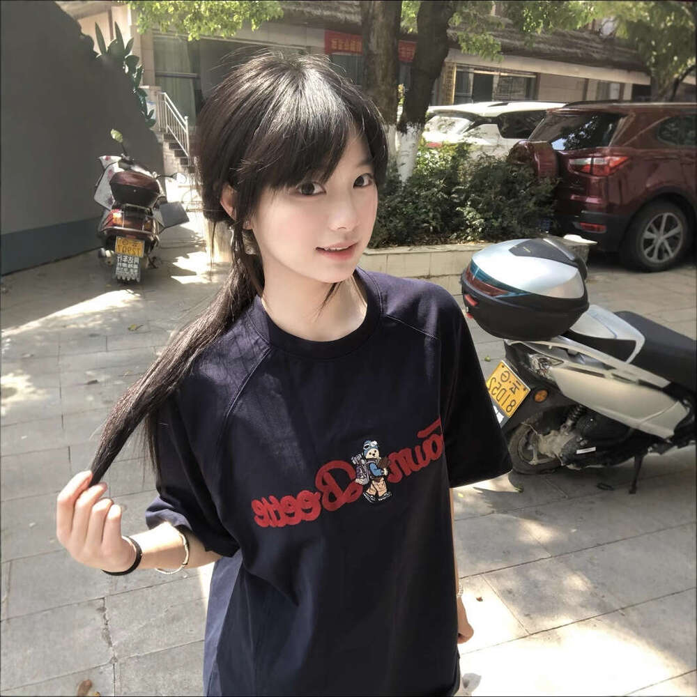 Korean Style Navy Blue Embroidered Bear Round Neck Short Sleeve T-Shirt For Women Summer New Loose Age-Reducing Top Trendy Brand B5
