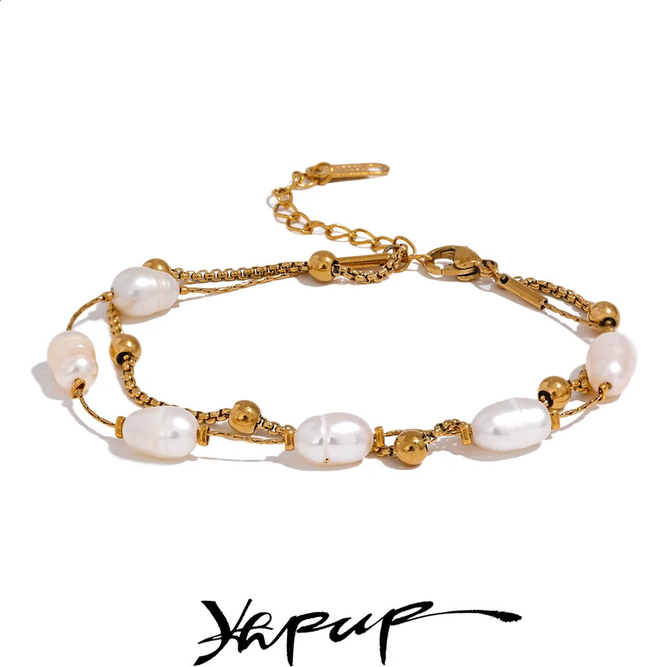 Yhpup Natural Pearls Double Layer Chain Stainless Steel Charm Bracelet Bangle Women Stylish Summer Jewelry Waterproof 250707