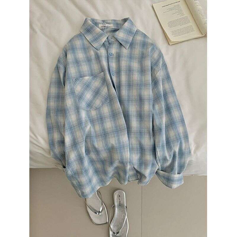 New Lazy Style Blue Plaid Long Sleeve Shirt Jacket For Spring, Autumn, And Summer, Versatile Outerwear Sun Protection Clothing B5