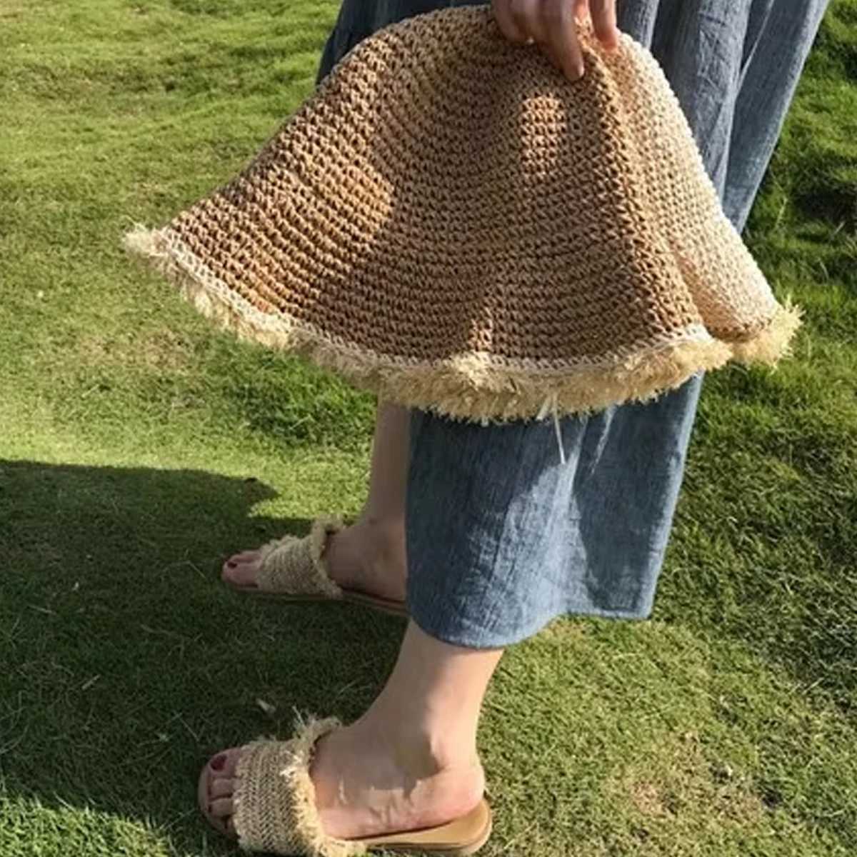 Handmade Crochet Hollow Out Foldable Straw Hat Women UV Resistant And Adjustable Sun Hat Essential For Outdoor Beach Travel Y250707