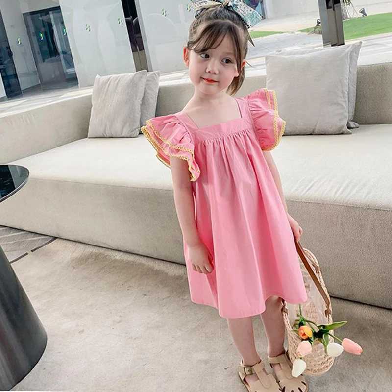 Girls Dress Flying Sleeves Square Collar Sweet Dress Princess Dresses 2022 Summer New Baby Kids Clothes Childrens Clothing R250707