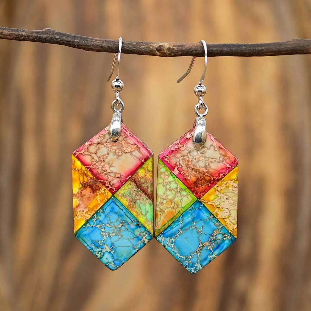 Hexagonal Natural Jasper Hanging Bohemian Charming Mixed Color Stone Earrings