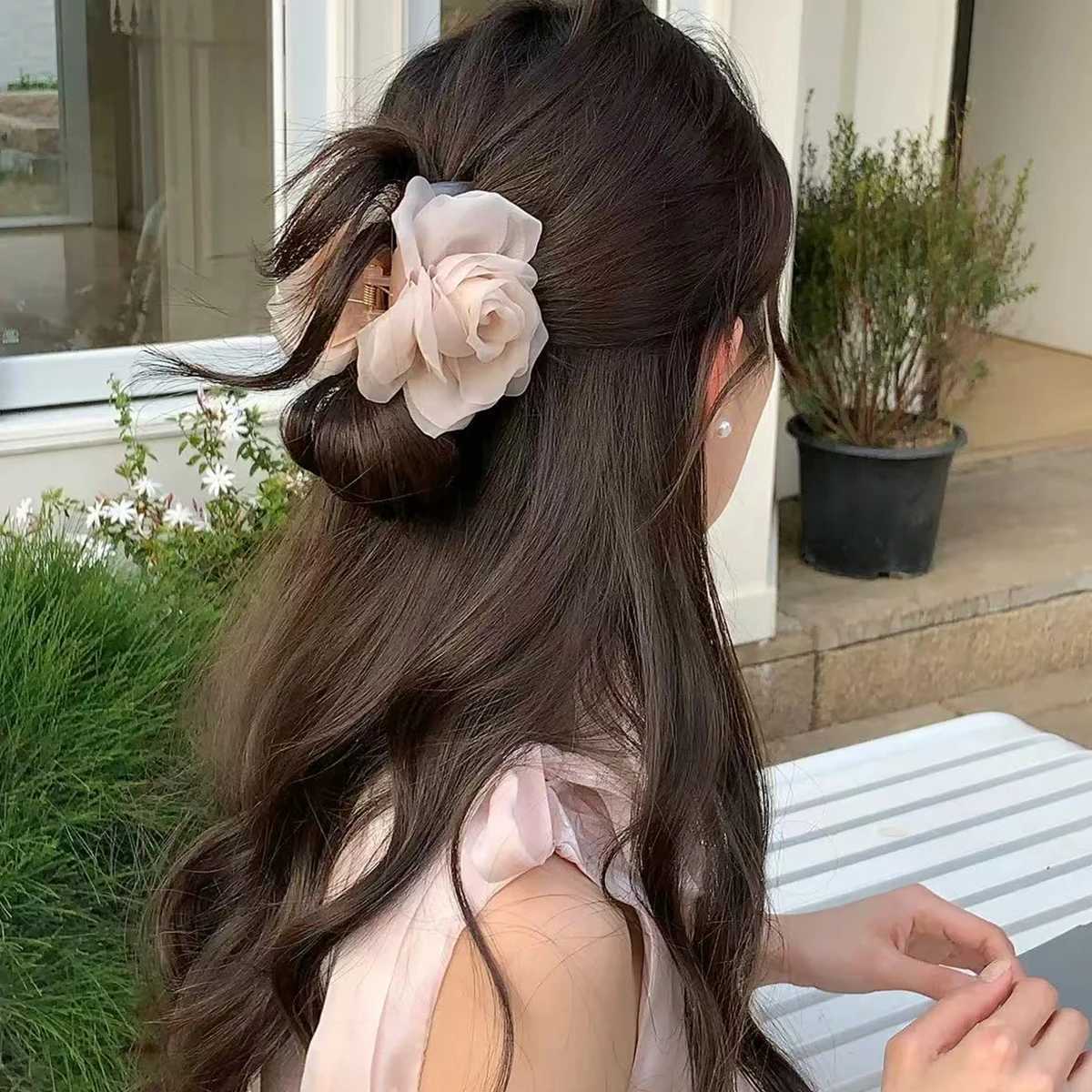 1pc Soft Pink Mesh Rose Flower Bow Large Intestine Hair Ring Simple Fairy Temperament Rose Shark Clip Cloud Fold Grab Clip Y250707