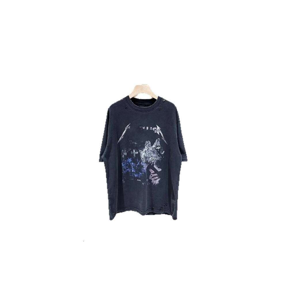 New American Style Letter Print Washed Vintage T-Shirt with Holes Loose Fit High Street Unisex Short Sleeve