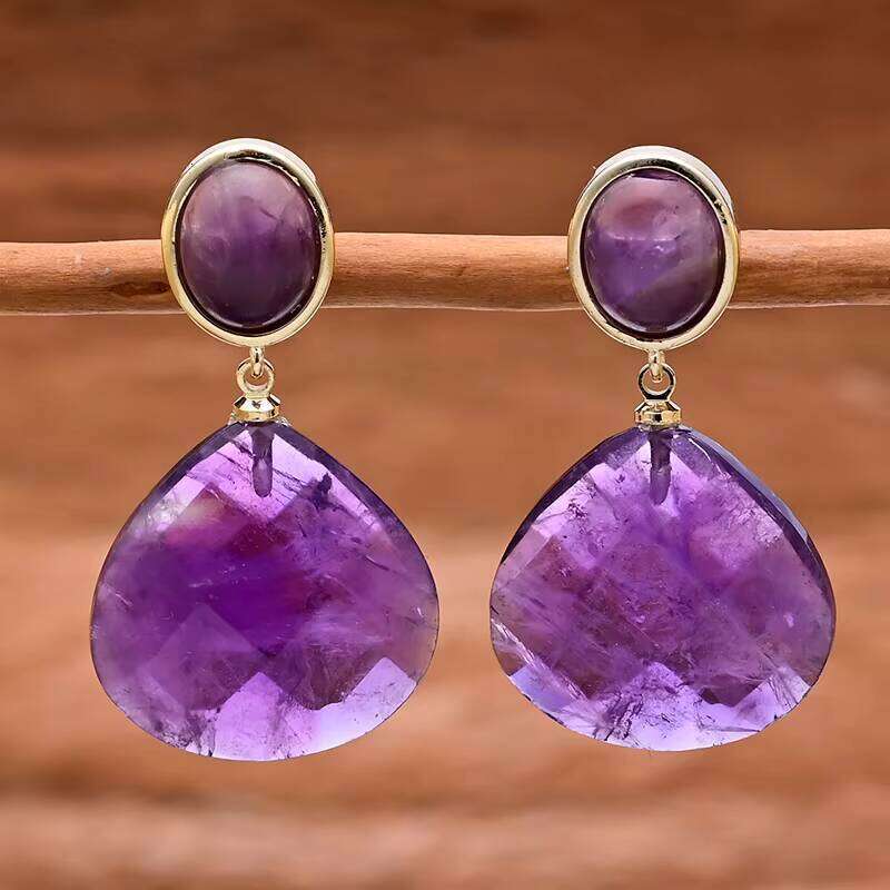 Healing Amethyst Large Water Drop Jasper Bohemian Earrings