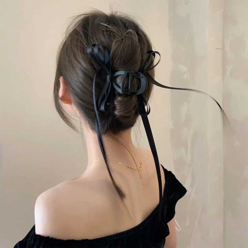 1pc Black ribbon bow clip new style back of the head dished hair clip frosted hair clip female shark clip hair accessory Z250707